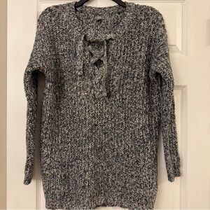 Knit Lace-Up Front Long-Sleeve Sweater - Gray Mix